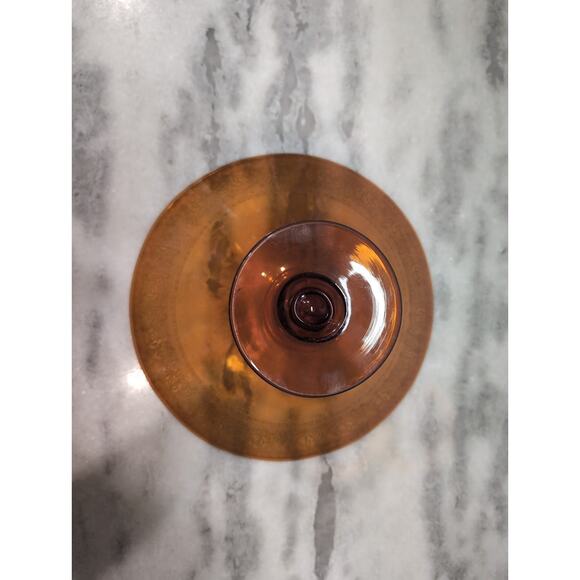 Amber‎ Glass Pedestal Bowl with Etched Edge, Floral Design, Vintage Centerpiece - Picture 4 of 10